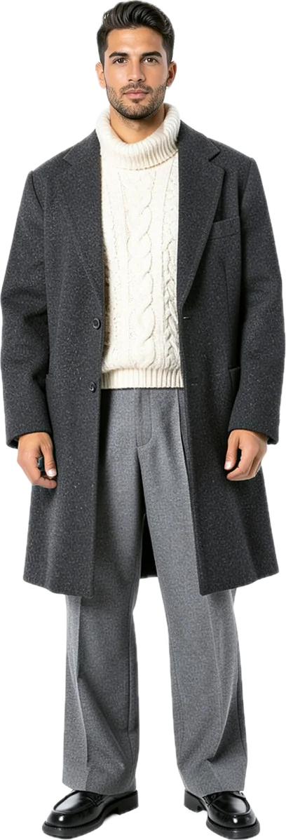 Avatar in a saved look: charcoal coat and roll-neck