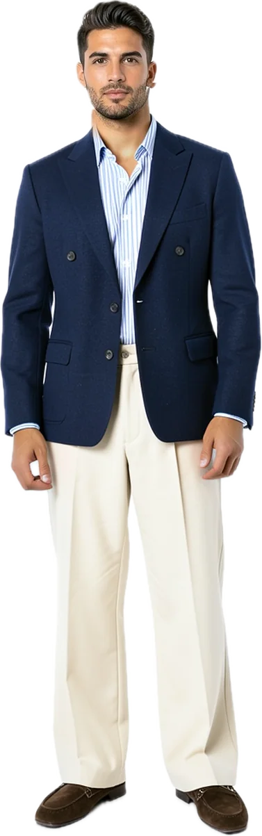 Avatar in a navy blazer, striped shirt and ecru trousers