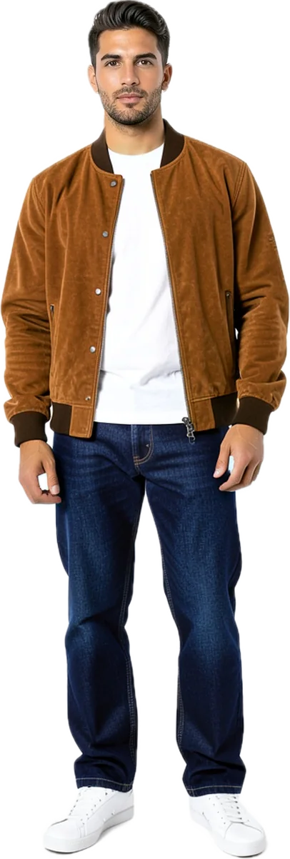 After: suede bomber, white tee, jeans and white sneakers, on the same person