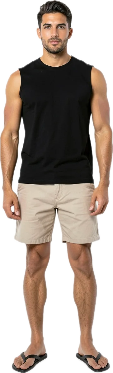 Before: sleeveless tee, shorts and flip-flops