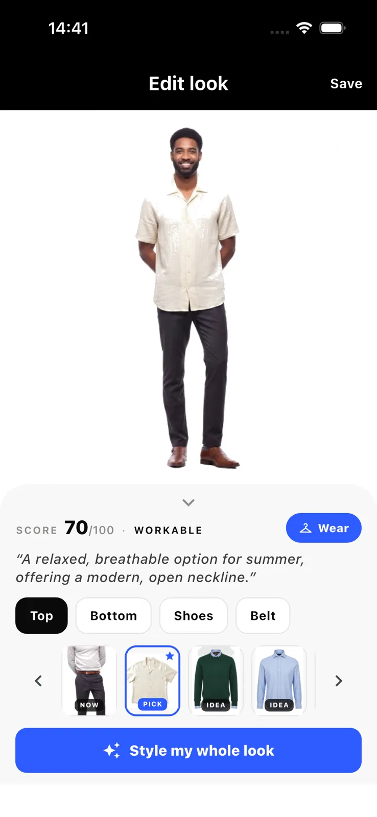 Looktok's read on the user's own avatar: a one-line verdict, a star rating, and slot-by-slot styling options.