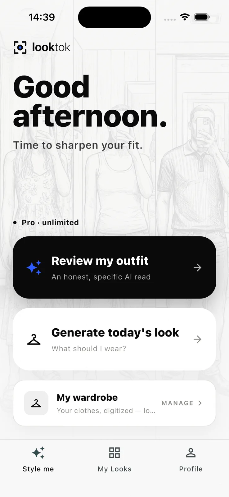 Looktok home screen: a large greeting and the Review my outfit action.
