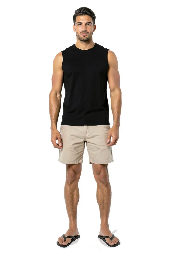 The model in his own black tank, stone shorts and flip-flops